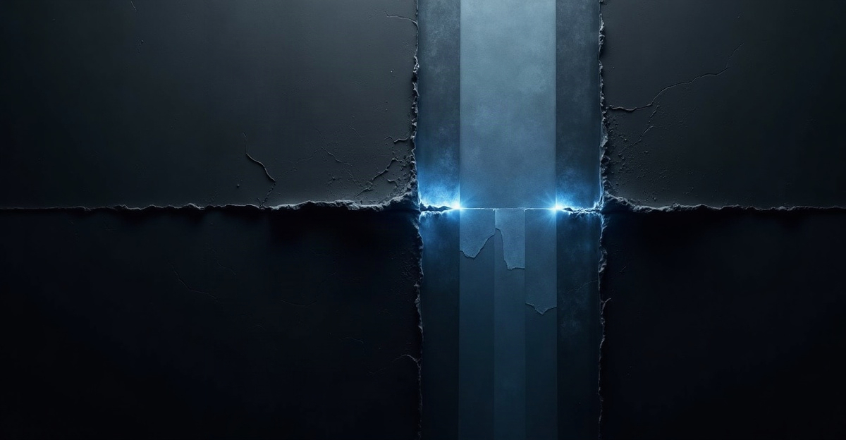 Abstract geometric layers breaking apart, blue light filtering through gaps, dark minimal aesthetic