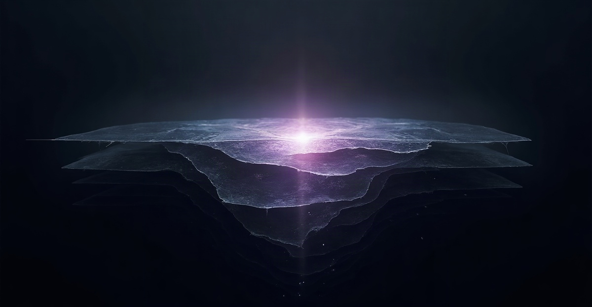 Abstract layers with refracted light, showing distortion and instability in cool tones