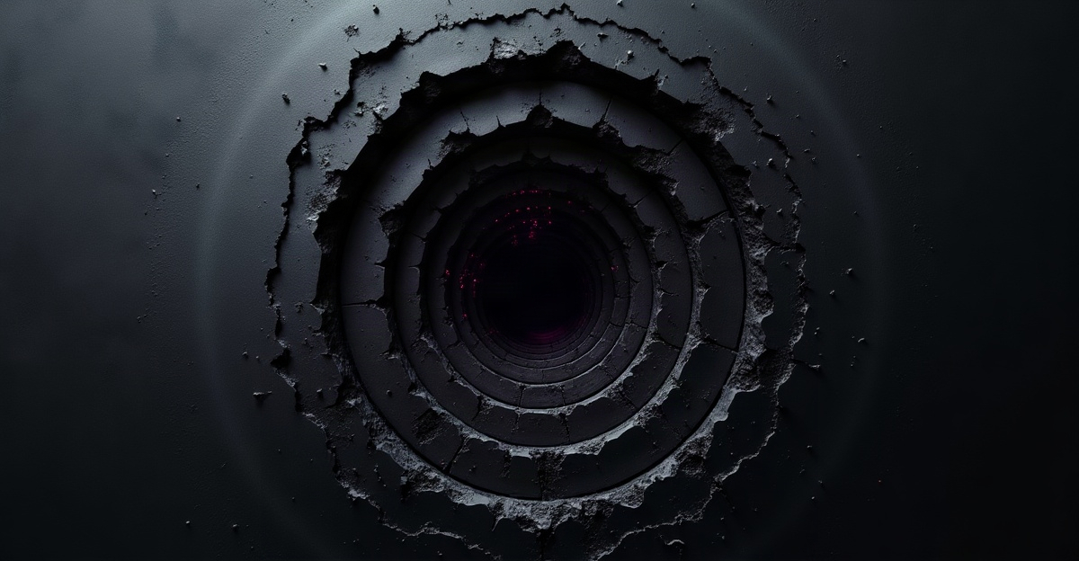 Dissolving concentric rings fading into black void with red data traces
