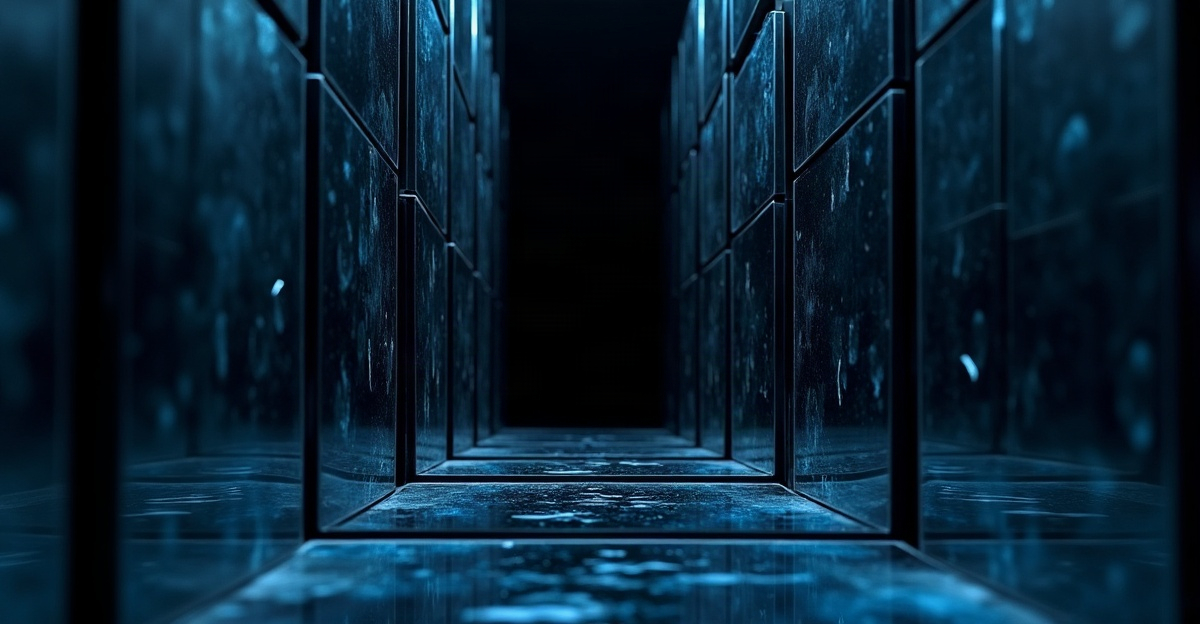 Overlapping translucent planes creating a disorienting mirror maze in cool tones with a dark void at center