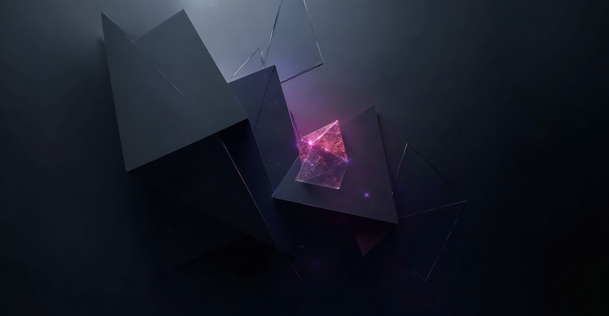 Abstract layers of geometric forms with fractured light, suggesting hidden depth and structure