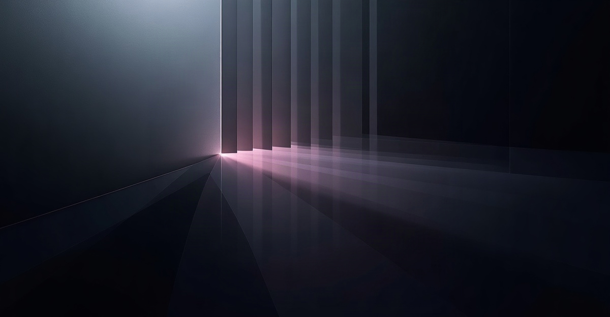 Abstract geometric layers with a single thread of light passing through, diminished at each intersection