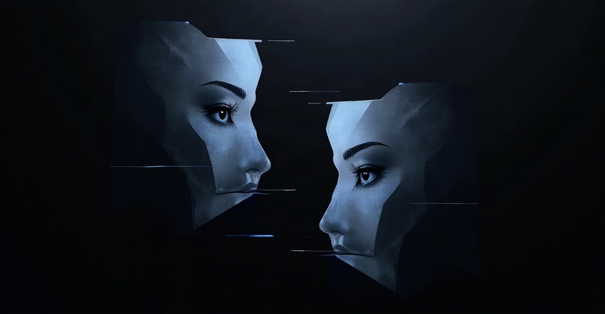 Fragmented mirrors showing misaligned reflections in grayscale with single blue accent